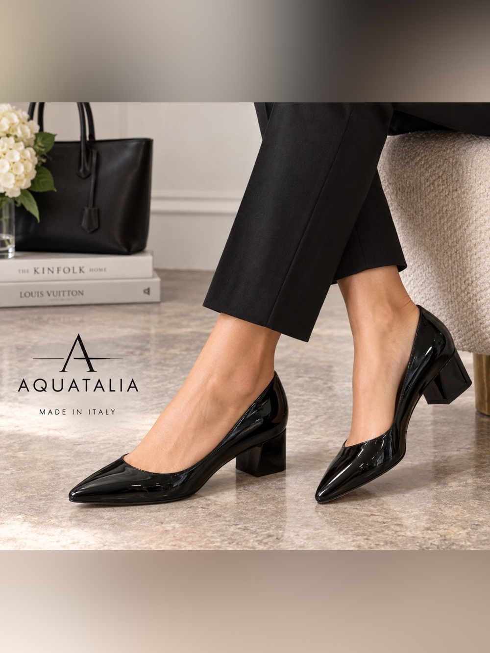 Aquatalia Black Patent Leather Pointed Toe Pumps Heels 7 Italy